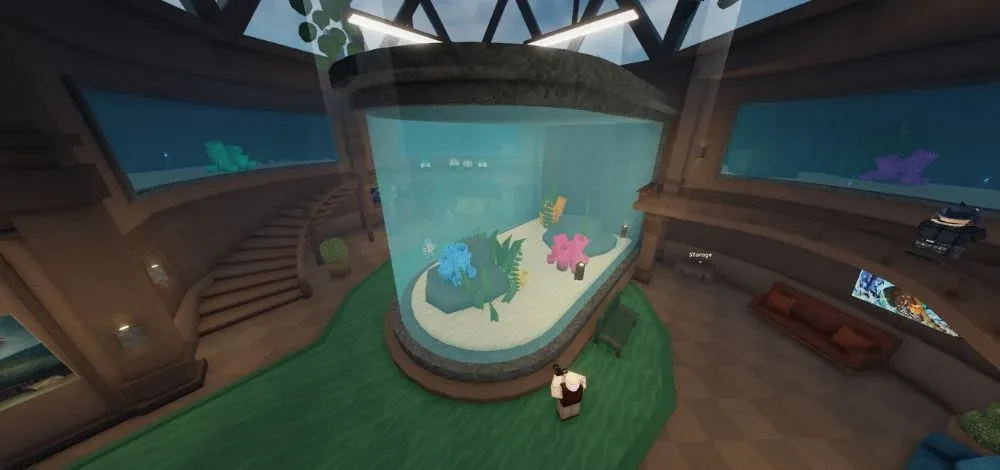 Fisch’s Personal Aquarium, with a large central fish tank, coral, stairs, and storage area.