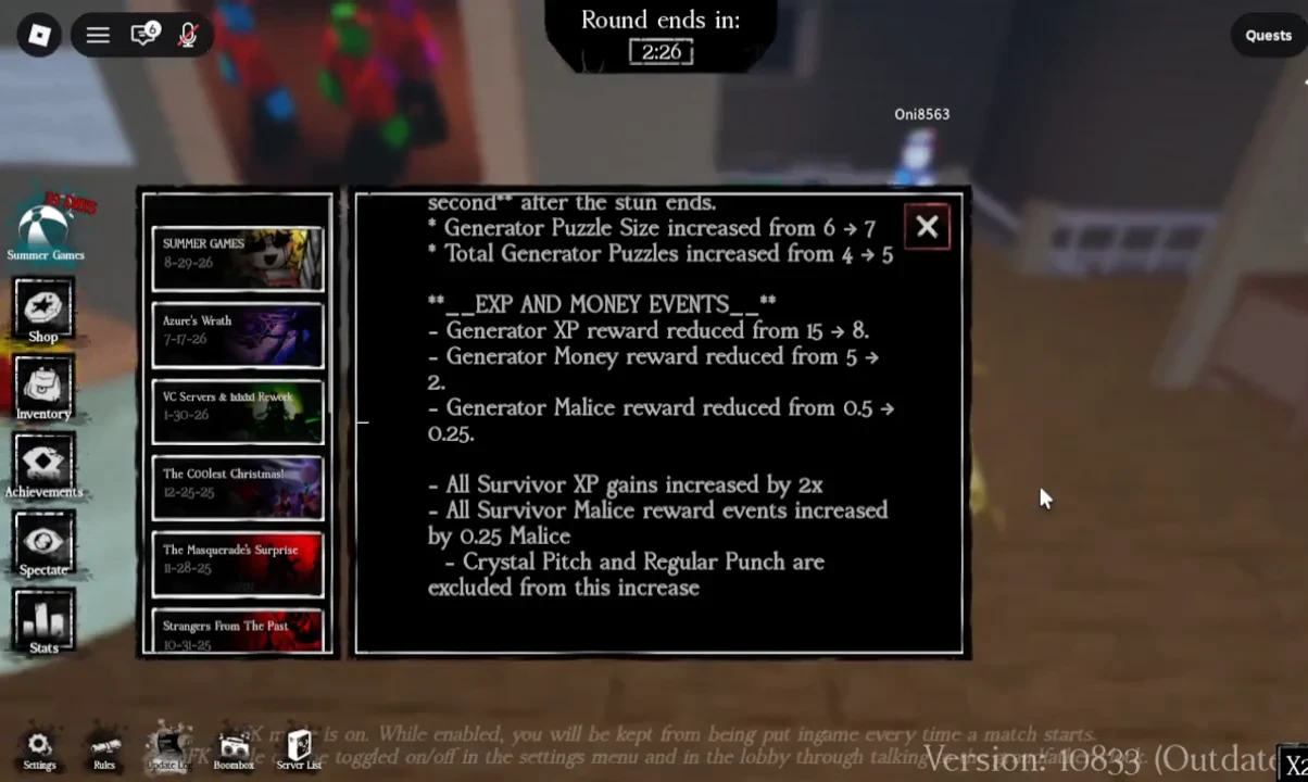 Forsaken update log showing doubled Survivor XP and the Crystal Pitch and Regular Punch exclusions