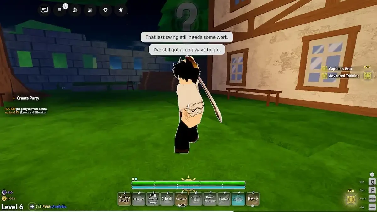 Shiro standing in the grassy Anchor Town pond area with training dialogue visible