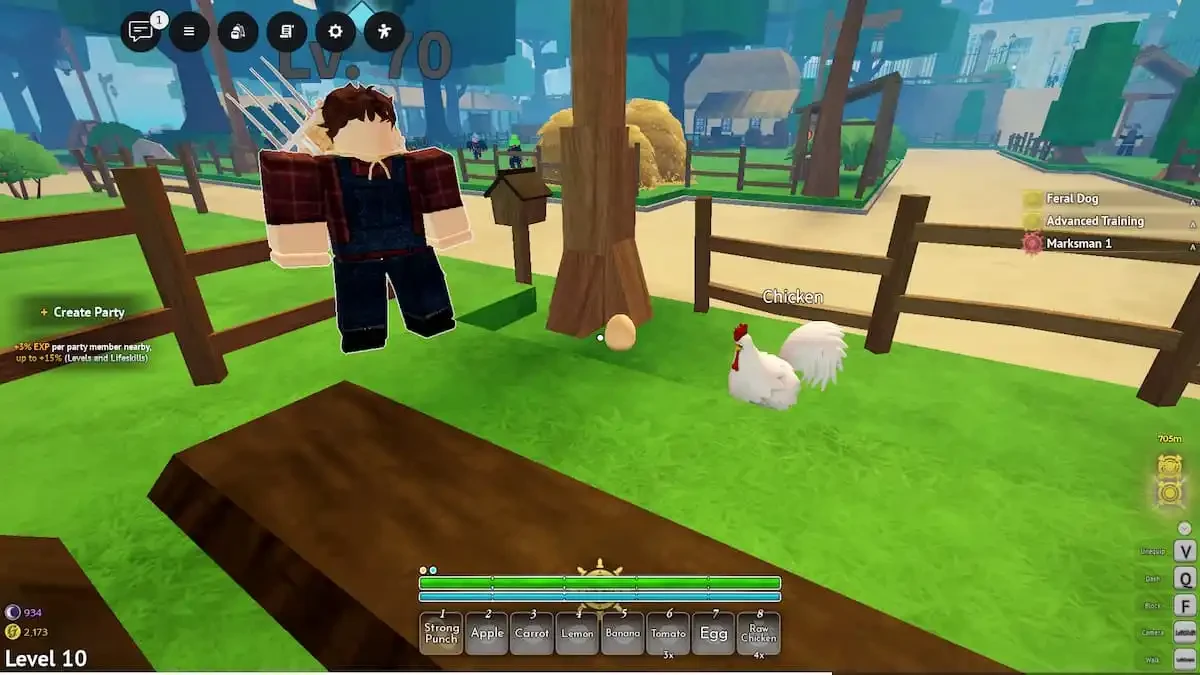 A chicken and fenced farm plot in central Maple Village