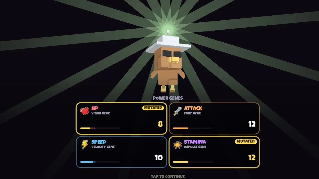 Grow a Chicken Fighter merge screen showing chickens being combined to increase their stats
