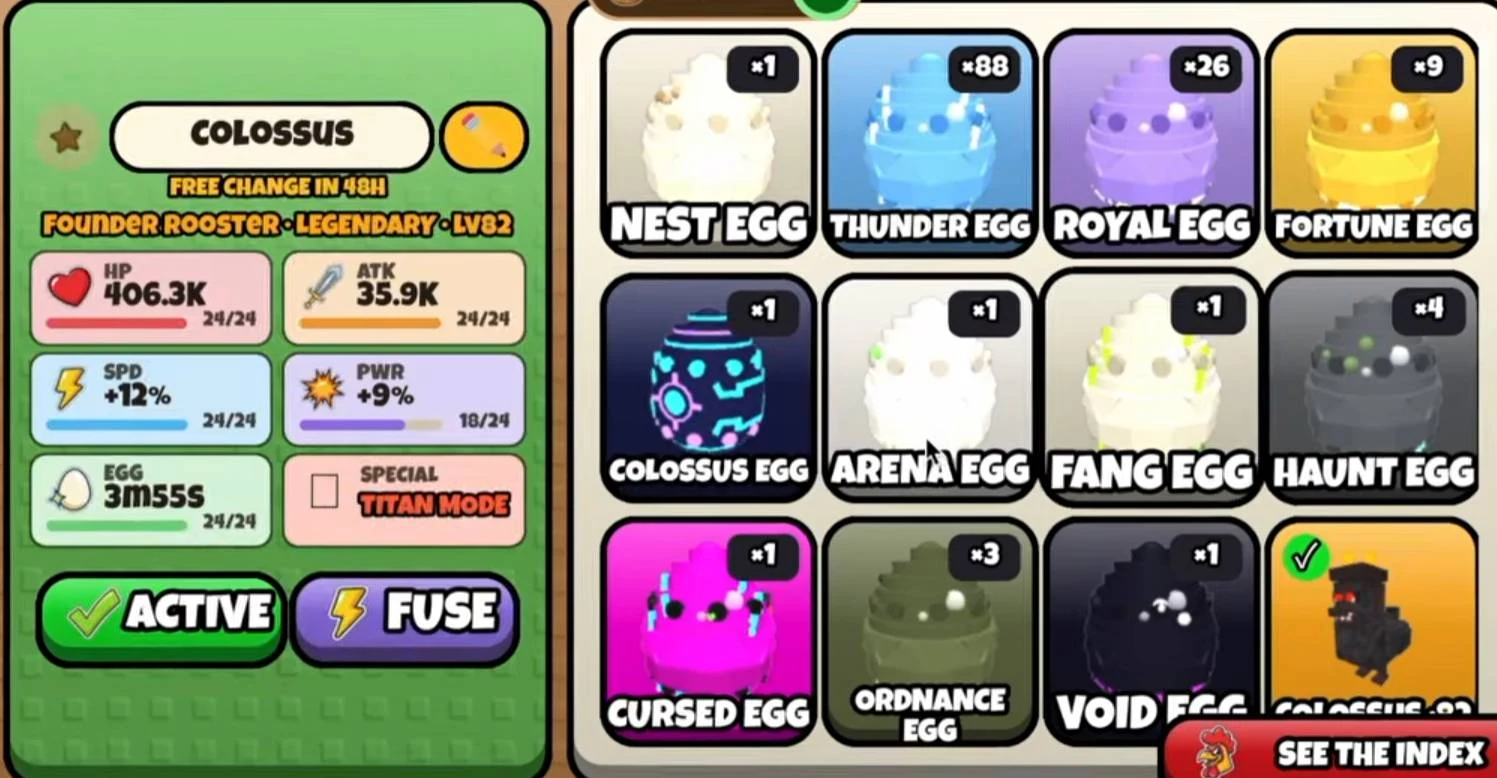 Grow a Chicken Fighter Index showing the Colossus Egg beside a Founder Rooster producer panel