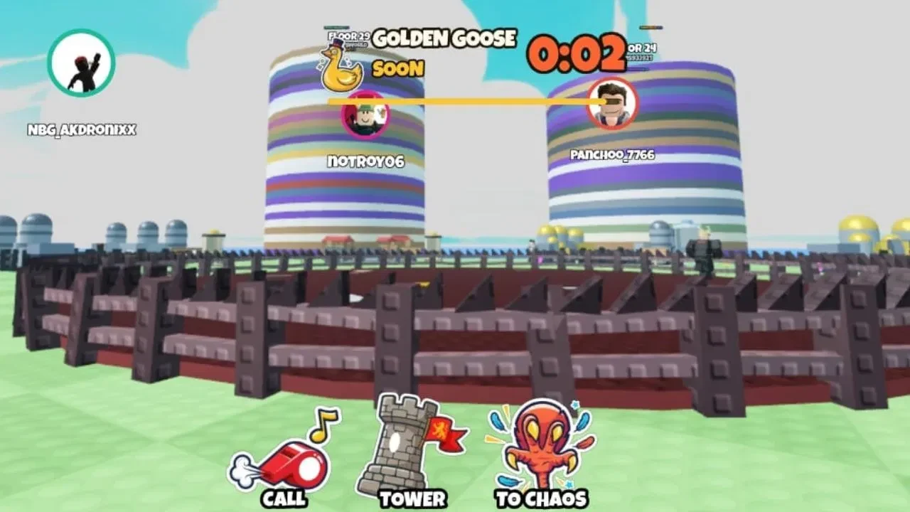 Grow a Chicken Fighter central pit with the Golden Goose event countdown at two seconds
