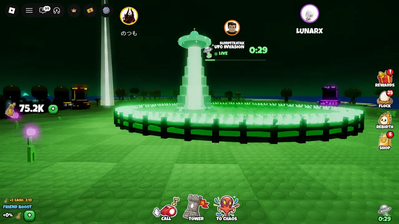 UFO Invasion LIVE banner and countdown above the green beam over the central PIT