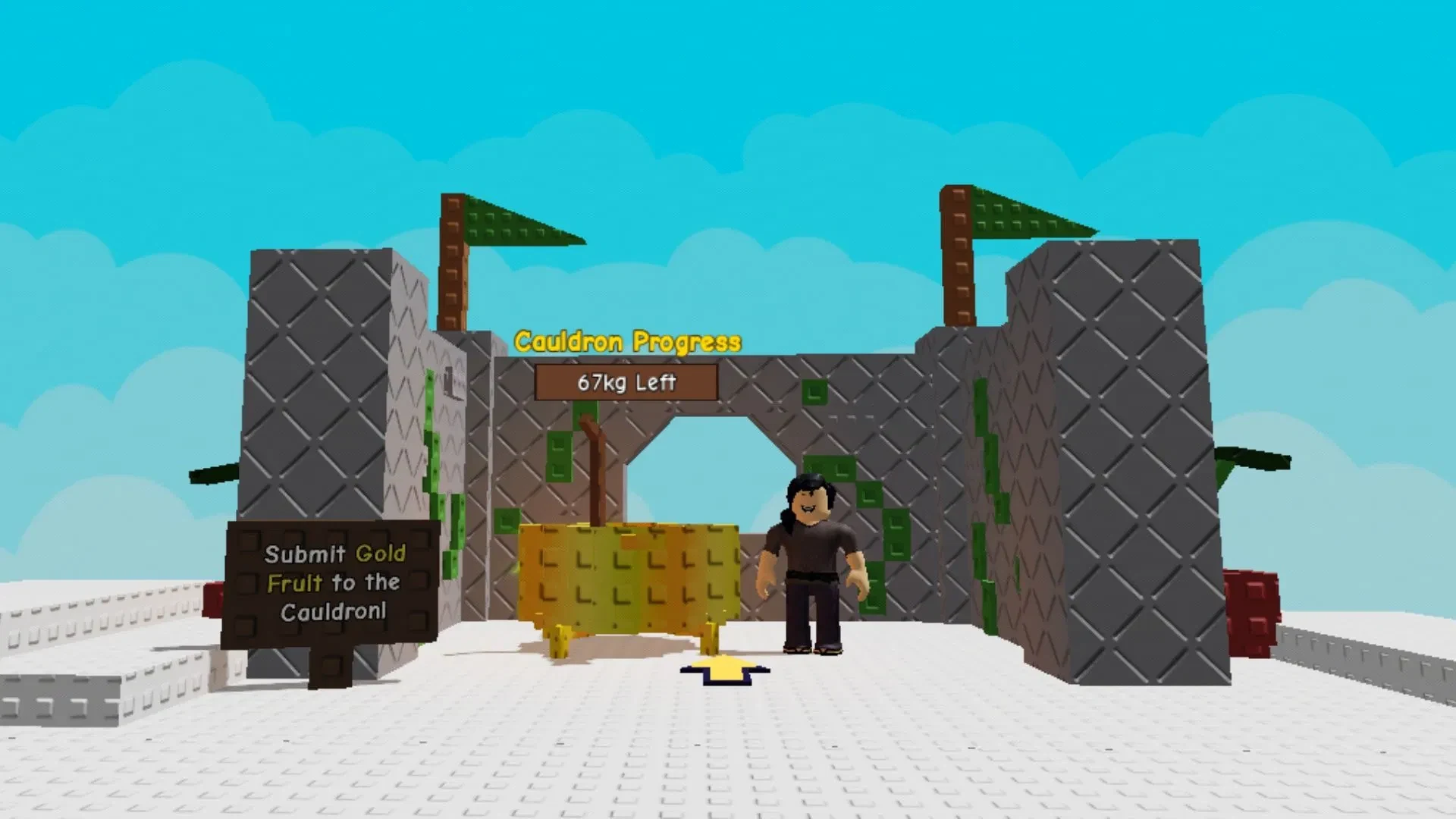 Jill's Gold Cauldron at the top of the Beanstalk with a Submit Gold Fruit sign