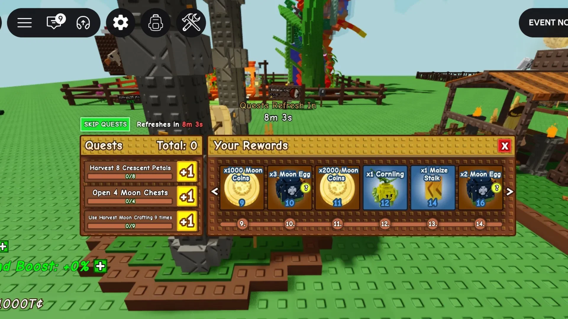 Grow a Garden Moon Reward Track showing Cornling at Stage 12 beside the active quests