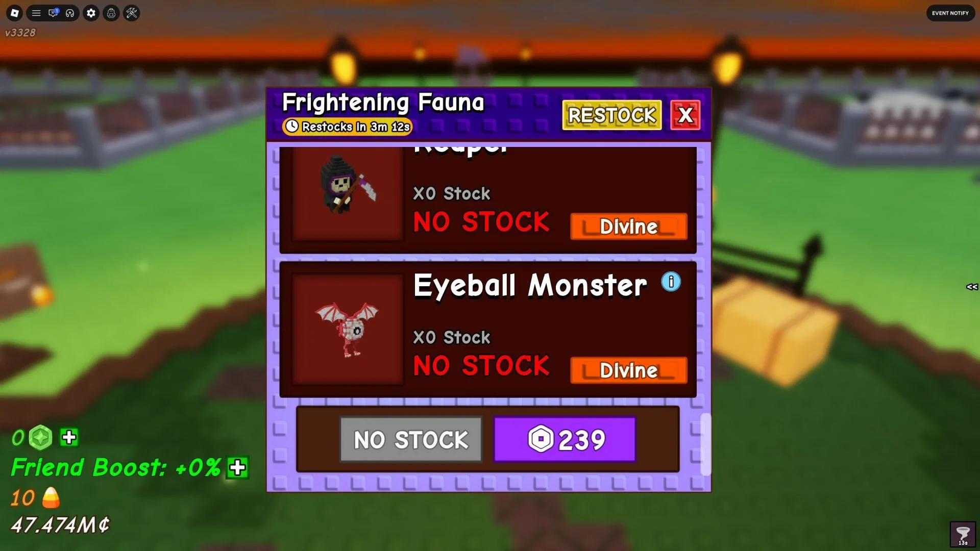 Eyeball Monster listed as Divine and out of stock in the Frightening Fauna shop.