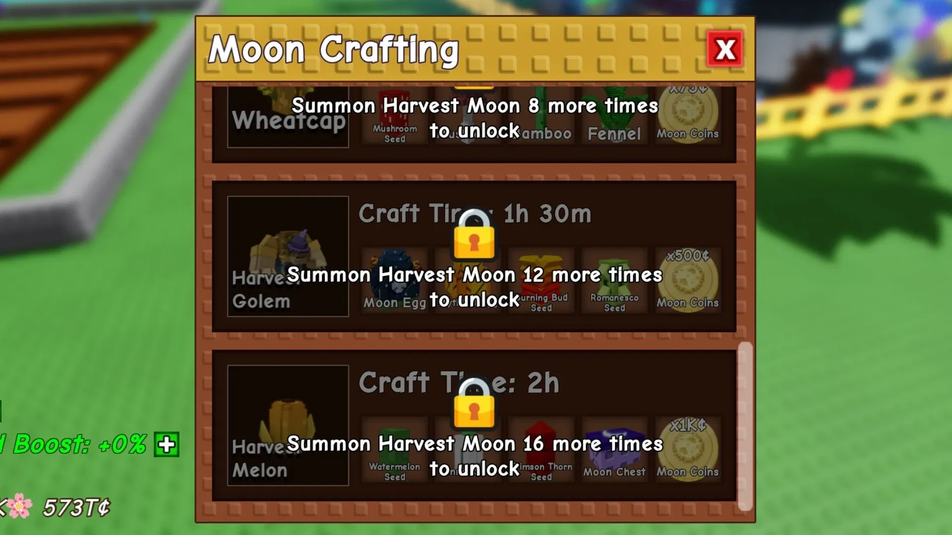 Moon Crafting Station showing the Harvest Melon recipe and required ingredients