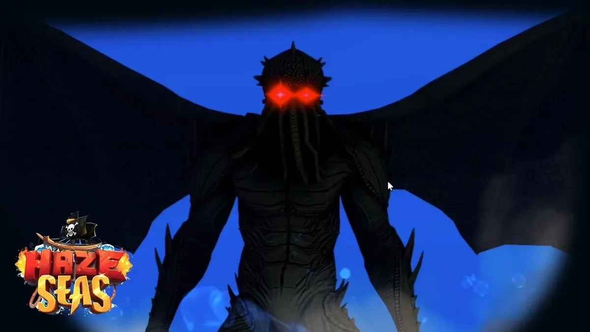 Haze Seas Cthulhu Super Boss with red glowing eyes and bat-like wings rising against a dark blue backdrop