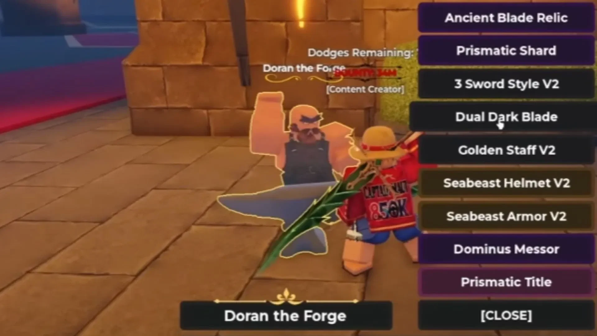 Doran the Forge NPC at an anvil with craft menu open and Dual Dark Blade highlighted in the list