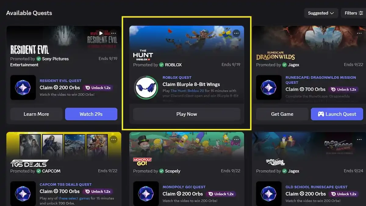 Discord Available Quests screen showing the Roblox card to claim Blurple 8-Bit Wings