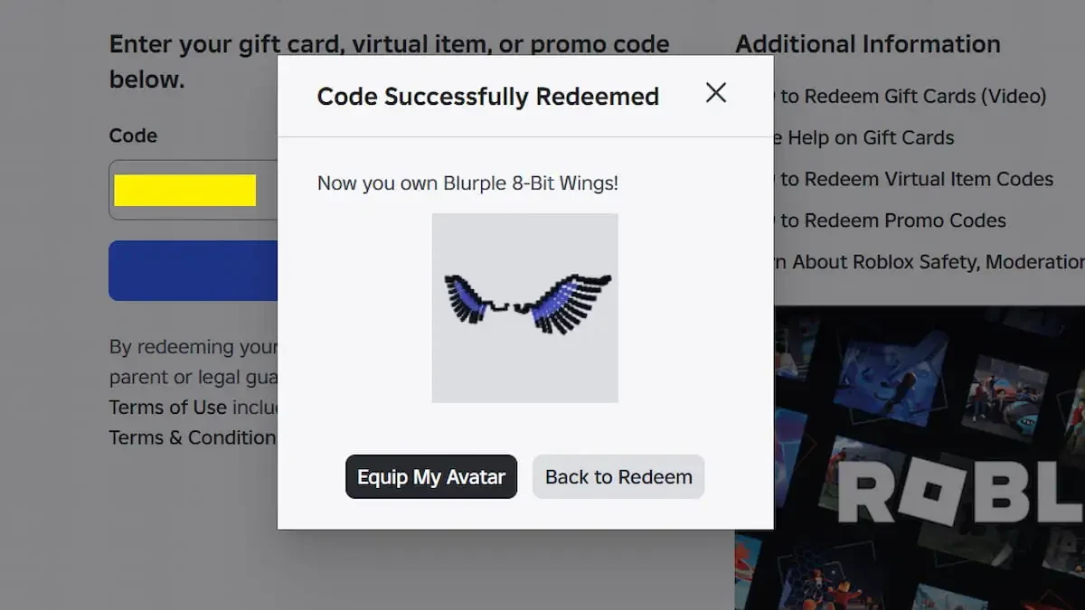 Roblox confirmation dialog saying Blurple 8-Bit Wings were successfully redeemed