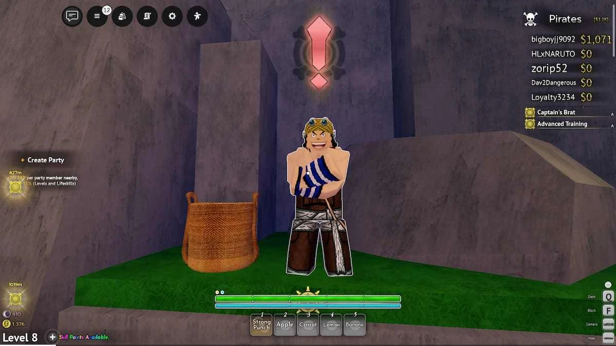 Captain Esopo trainer standing beside a large basket in the rocky Maple Village corridor