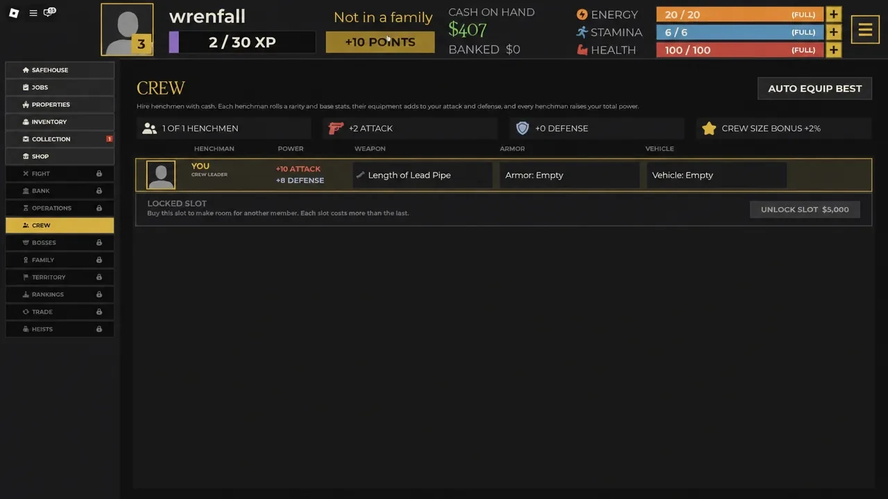 Idle Mafia Game Crew screen with a Length of Lead Pipe assigned to the player weapon slot