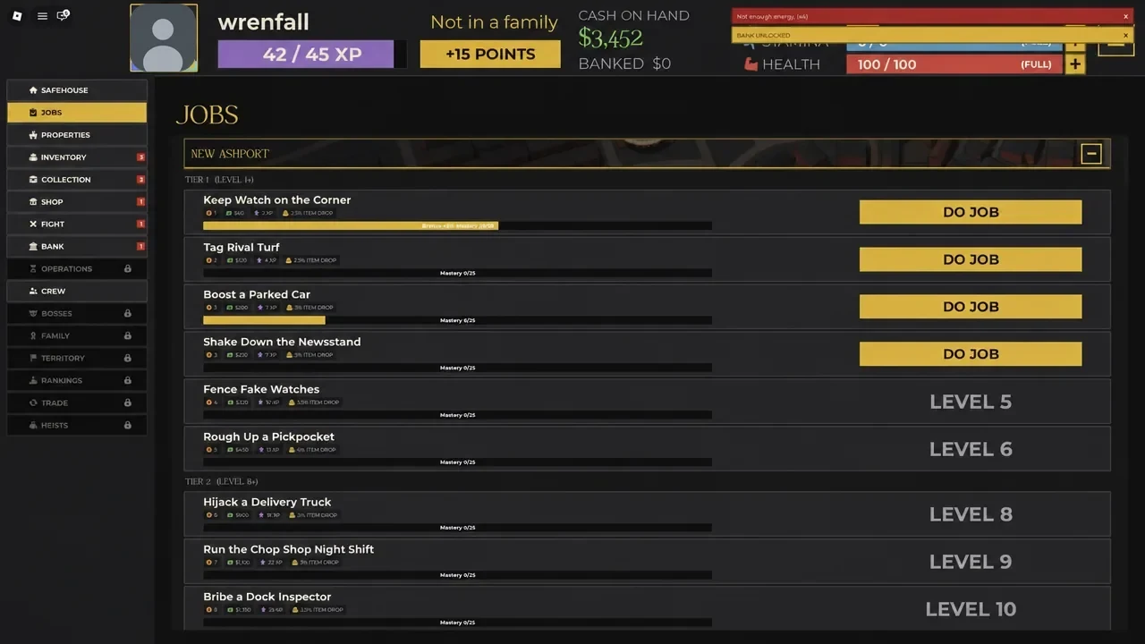 Idle Mafia Game Jobs screen showing Keep Watch on the Corner and the DO JOB button