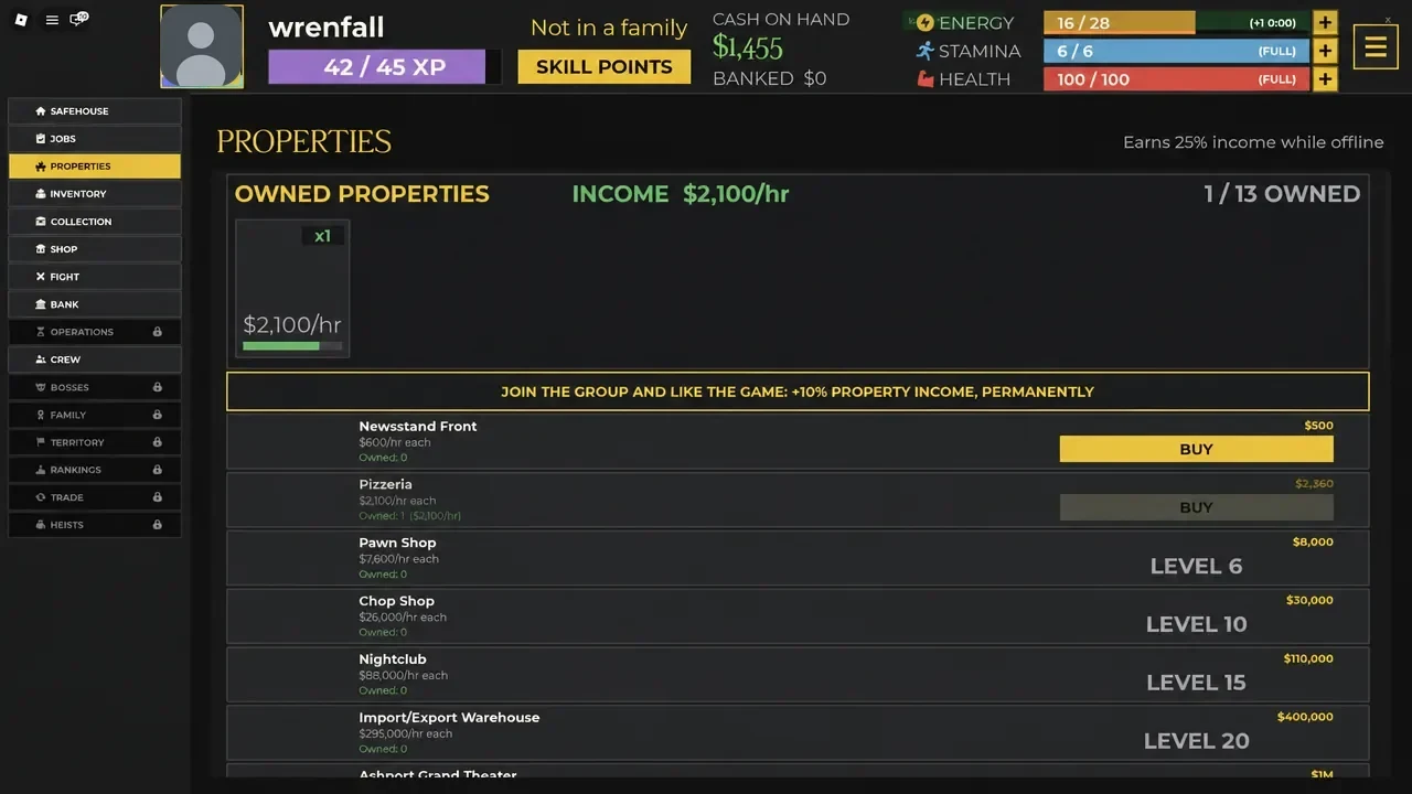 Idle Mafia Game Properties screen showing Newstand Front, income details, and the BUY button
