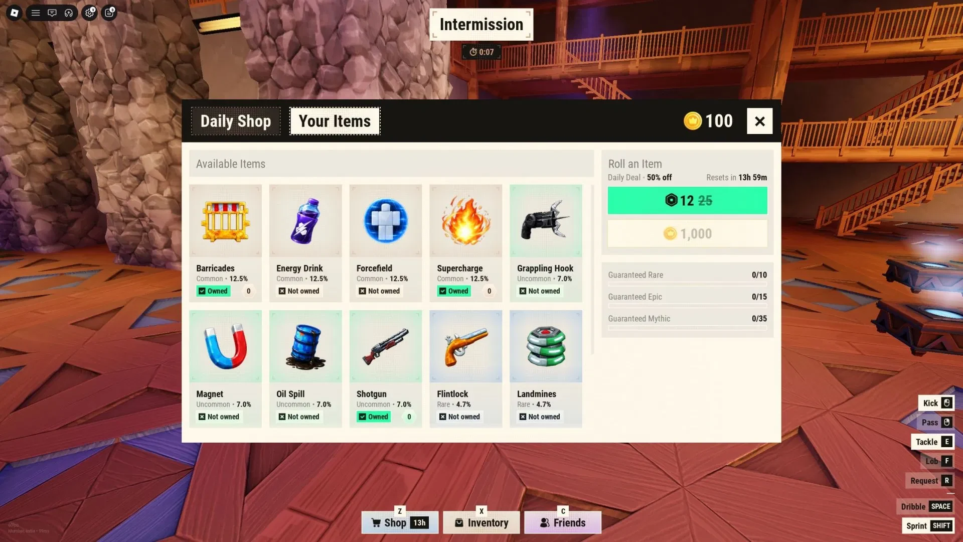Illegal Soccer Daily Shop overlay with Coins balance, item slots, stamina bars, and PC control prompts