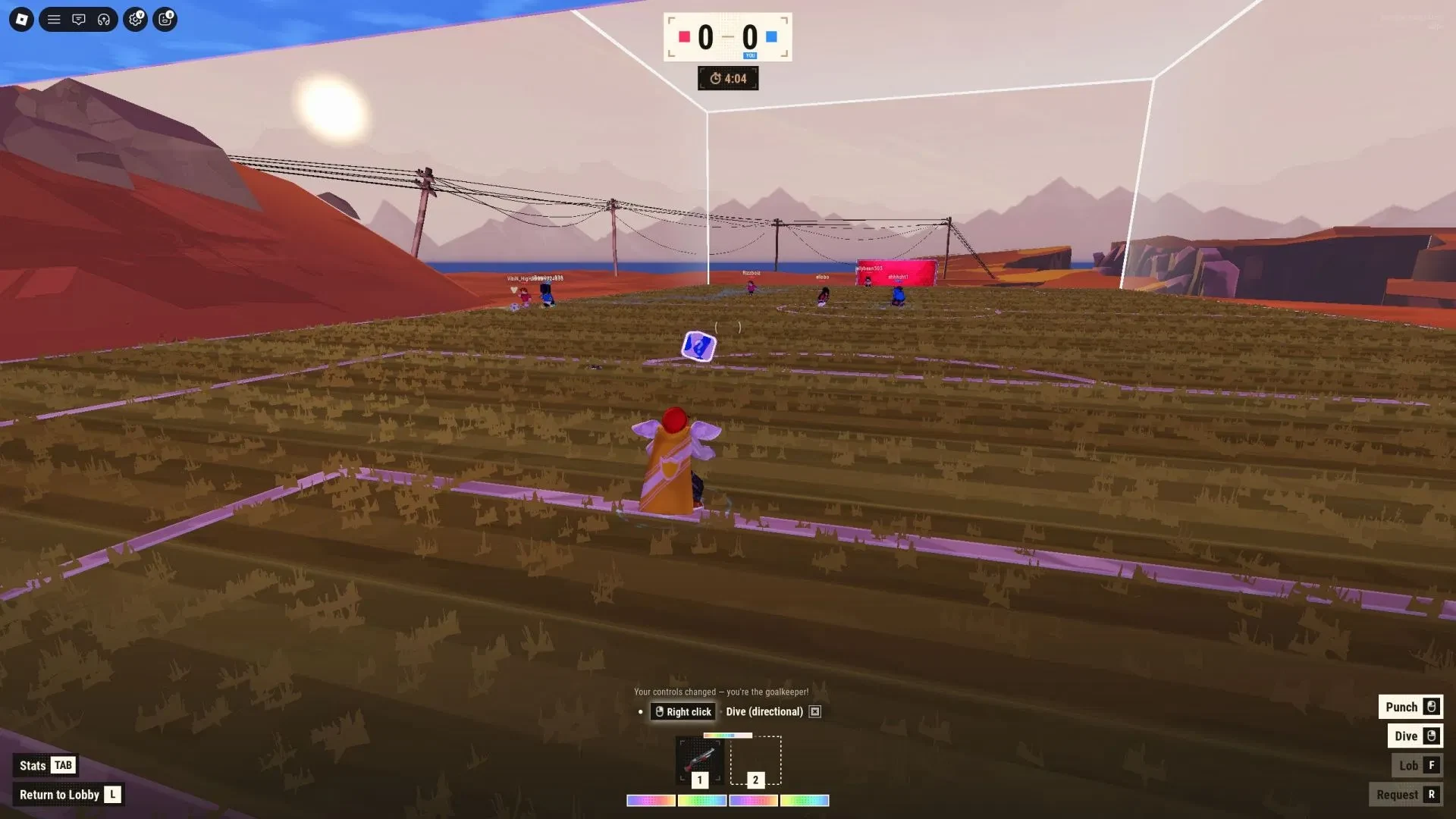 Illegal Soccer match field with red and blue players, score timer, and a question-mark block at midfield