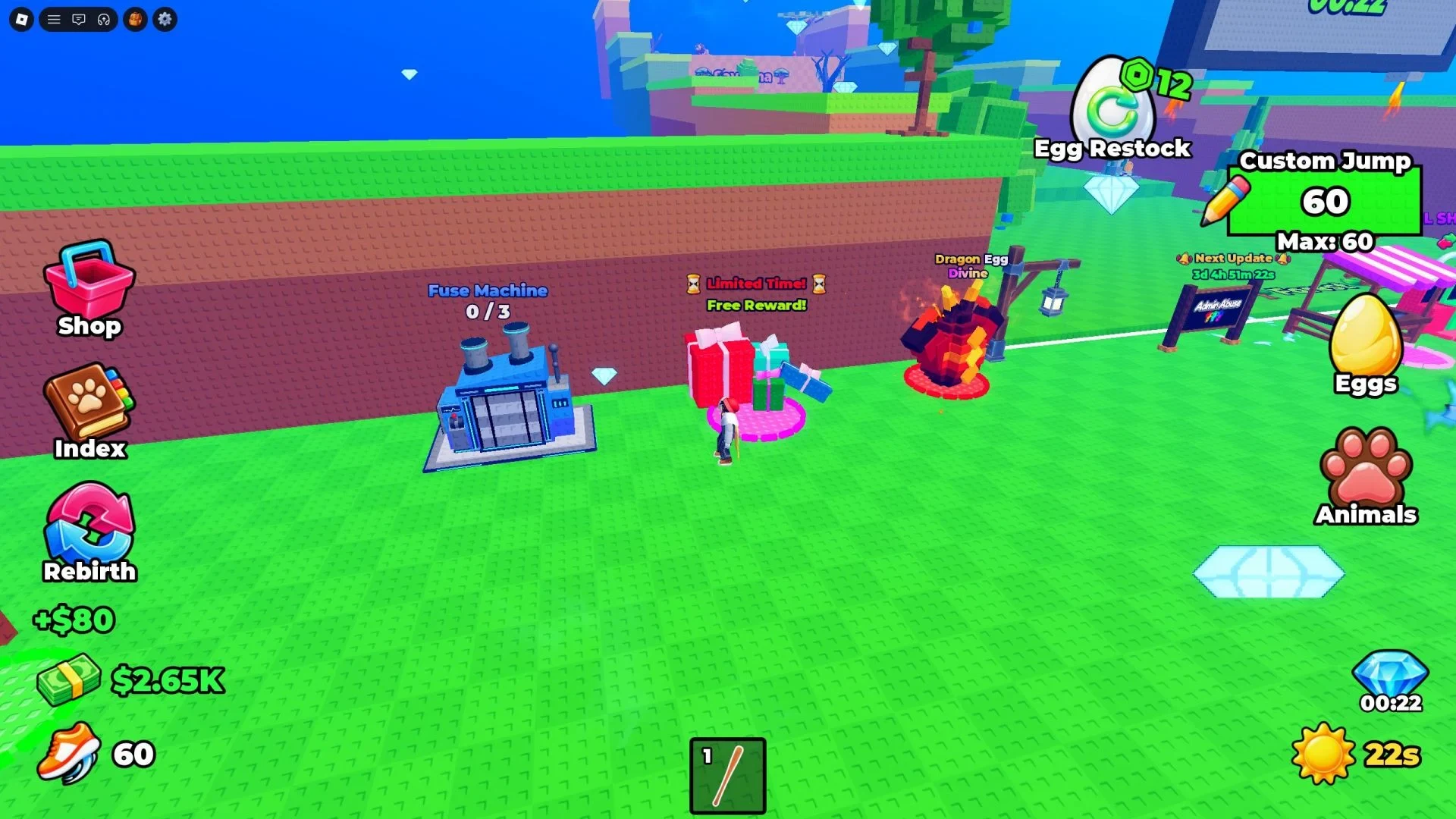 Jump To Steal An Egg gameplay view with the Eggs and Egg Restock HUD visible near the egg area