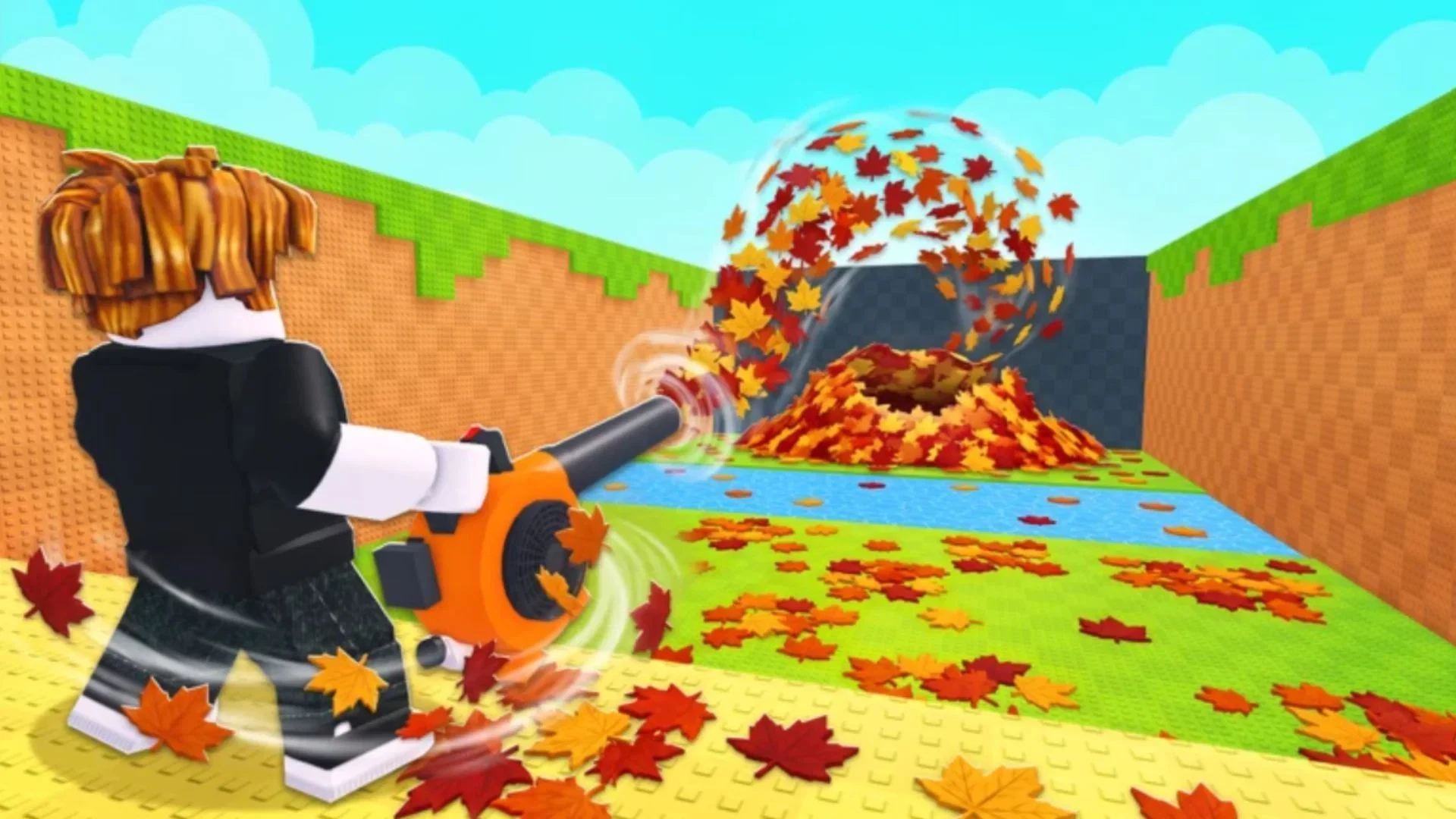 Roblox player using a leaf vacuum among Fall leaves on the return route in Kick a Lucky Block
