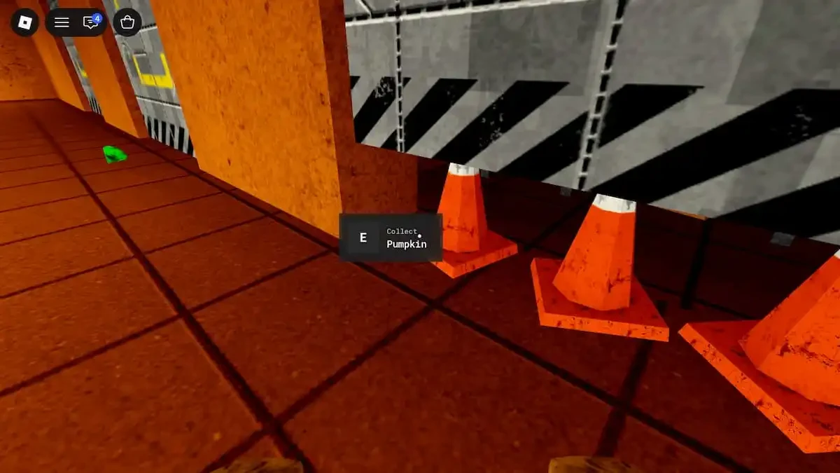 Collect Pumpkin prompt beneath a partly open gate beside traffic cones.