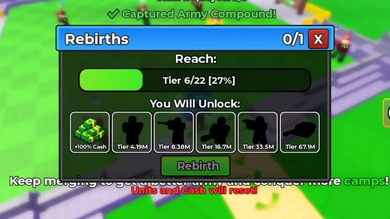Merge a Mini Army Rebirths menu showing Tier 6 of 22 progress, +100% Cash unlock, and Rebirth button