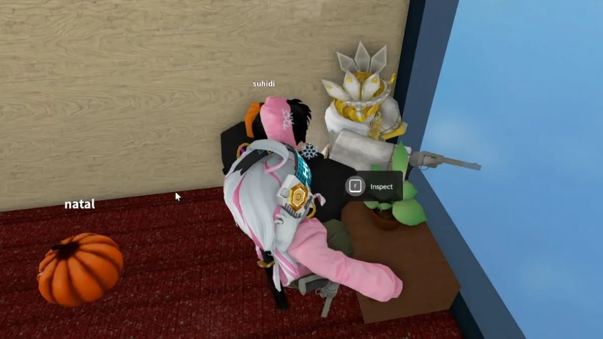 Murder Mystery 2 Hotel 2014 hallway-end desk with a potted plant, gun, and Inspect prompt