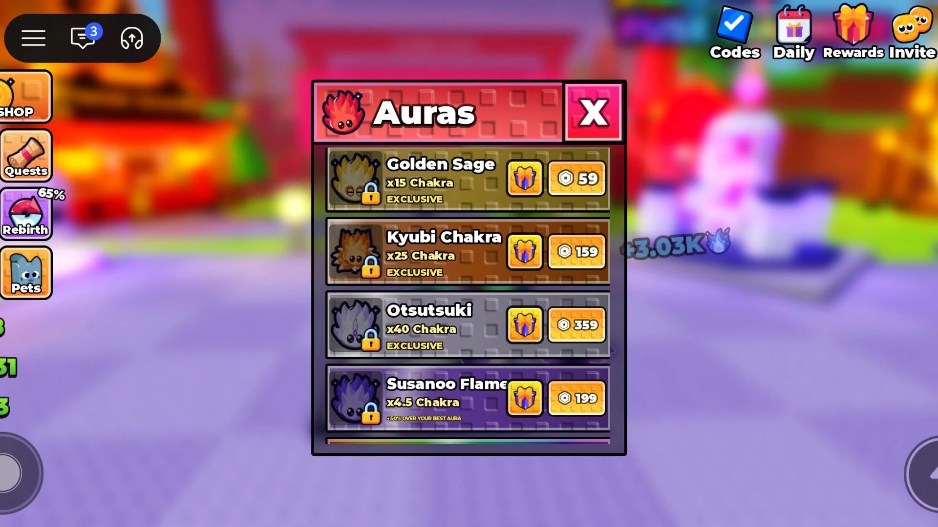 The +1 Anime Eyes Auras menu shows Golden Sage, Kyubi Chakra, Otsutsuki, and Susanoo Flame with their Chakra multipliers and Robux prices.