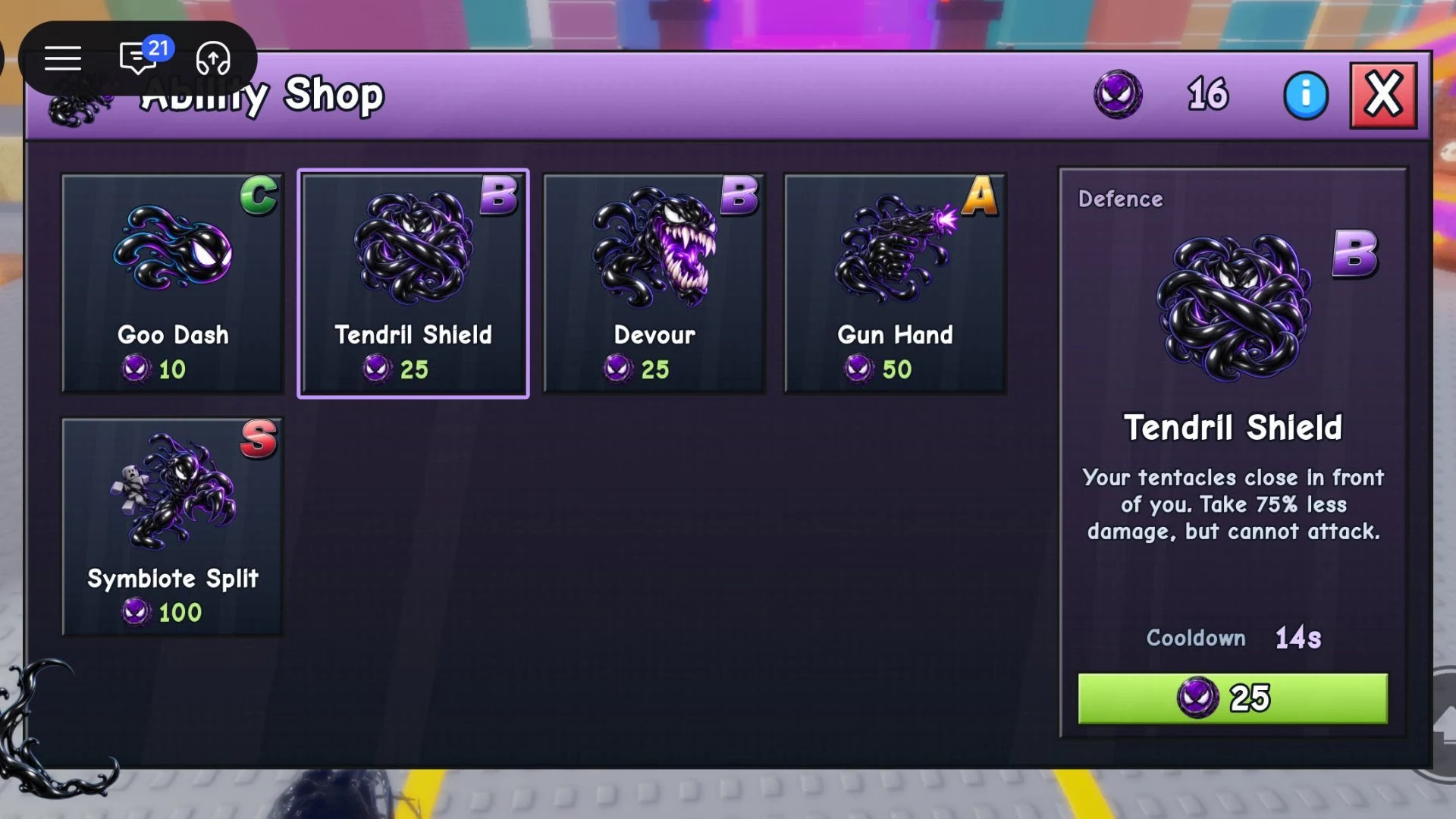 The +1 Venom Evolution Ability Shop shows Goo Dash for 10 tokens, Tendril Shield and Devour for 25 each, Gun Hand for 50, Symbiote Split for 100, and Tendril Shield details.