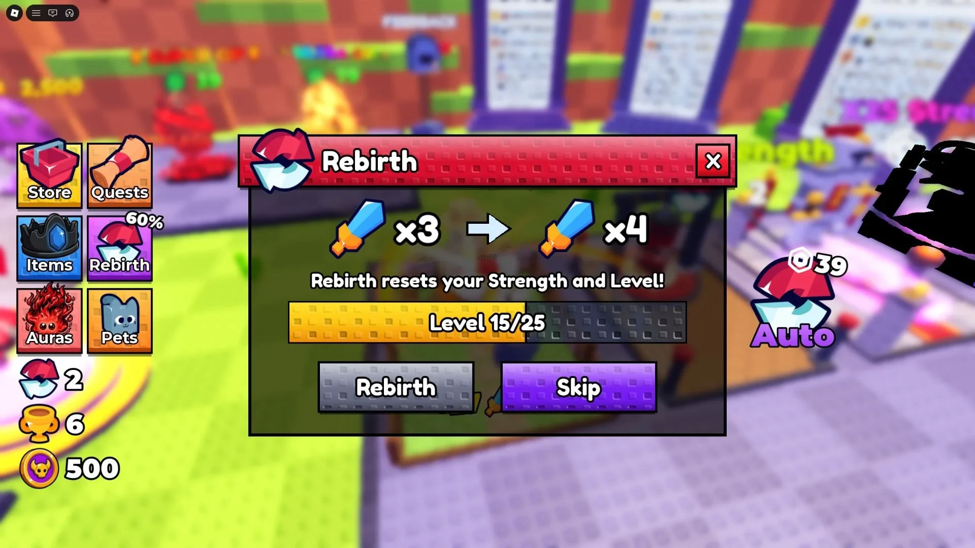 Rebirth menu showing the Strength multiplier, level progress, reset text, and Rebirth button in +1 Assassin Leveling