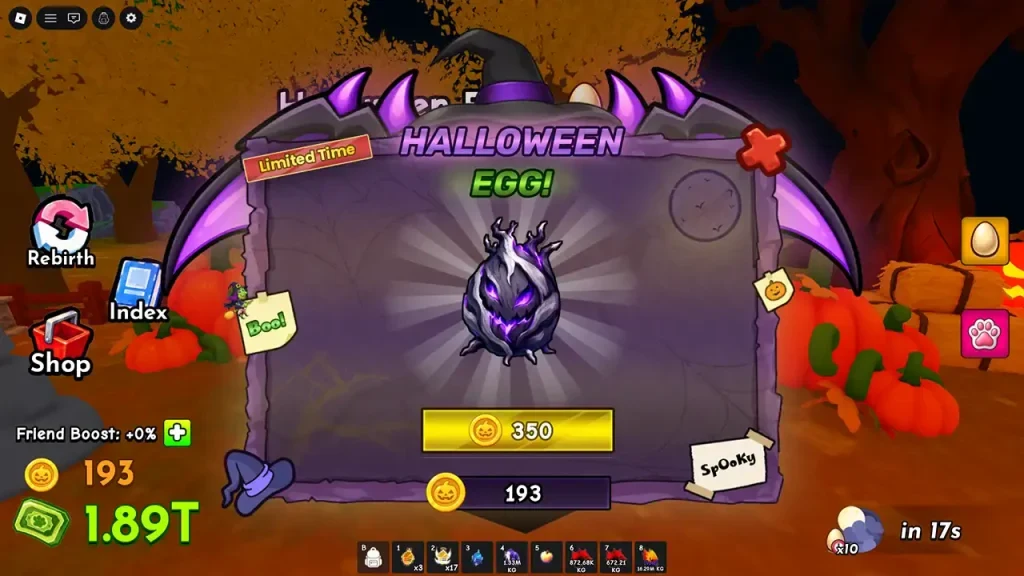 The Halloween Egg menu at the stand shows the event egg and its 350-token price.