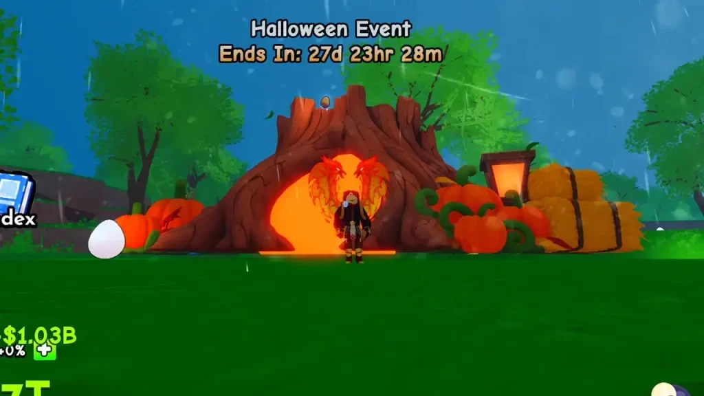 The glowing orange Halloween portal inside a pumpkin tree, with the event countdown above it.