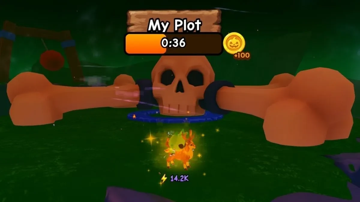A Ride a Pet Halloween obstacle course with a skull-and-bone obstacle, an active timer and a +100 reward popup.
