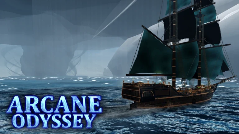 Arcane Odyssey Roblox landscape showing a ship sailing past a stormy fantasy island.