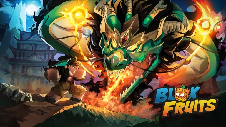 Blox Fruits Roblox landscape showing a fighter facing a dragon-like fruit power in an island setting.