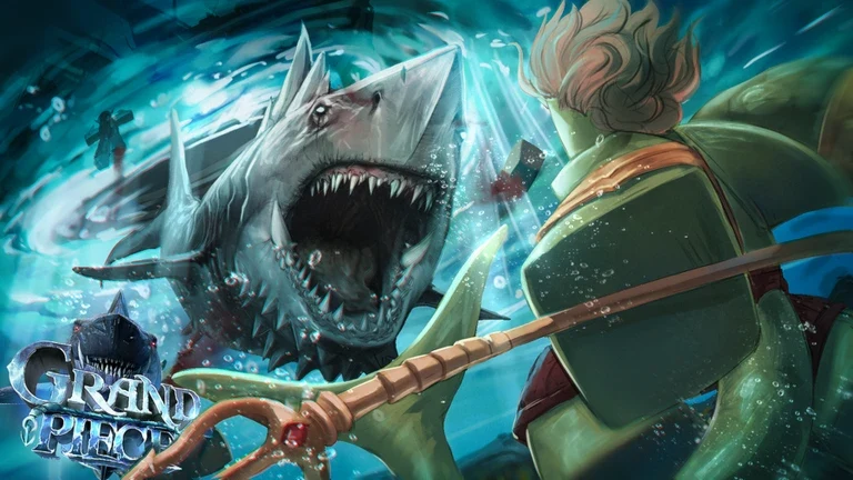 Grand Piece Online Roblox landscape showing a pirate facing a sea monster underwater.