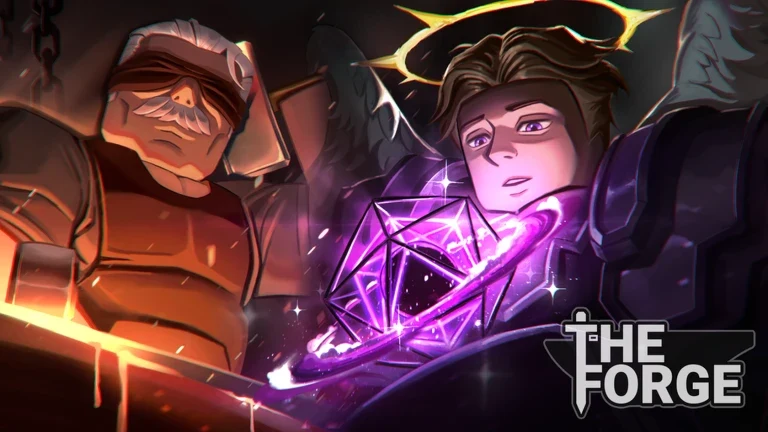 The Forge Roblox landscape showing an armored adventurer beside a blacksmith and glowing forged weapon.