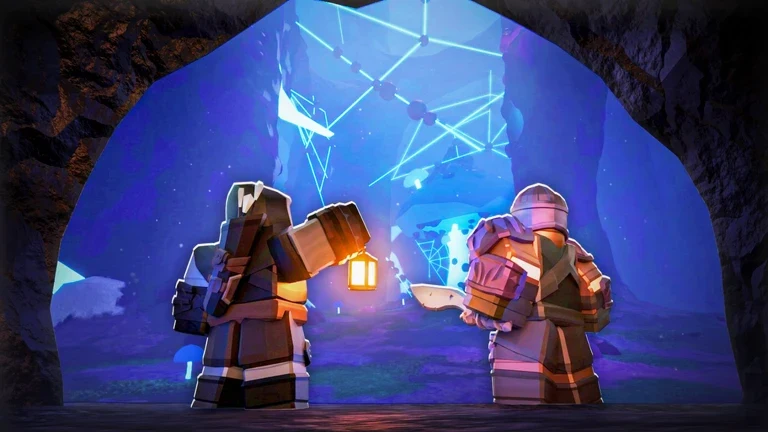 Vesteria Roblox landscape showing two adventurers exploring a glowing fantasy cave.