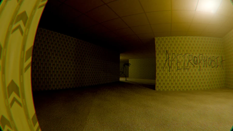 Apeirophobia artwork showing a shadowed entity in a dim yellow liminal corridor.