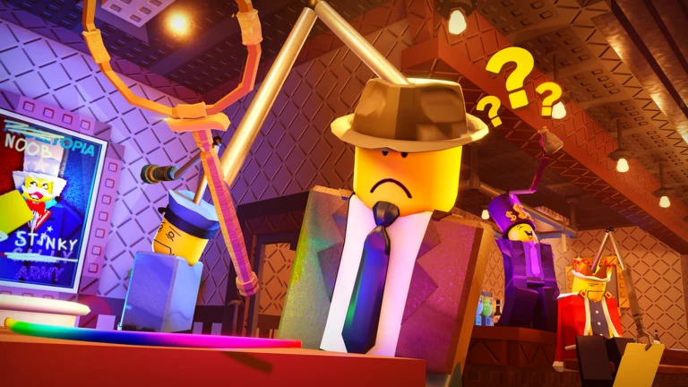 Promotional Armless Detective artwork showing the detective examining evidence while suspects stand behind him.