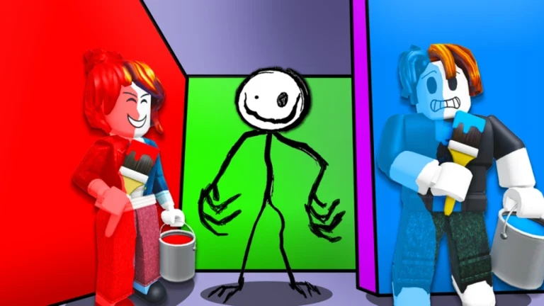 Promotional Color or Die artwork showing Roblox avatars with paint buckets beside a black-and-white wall monster.