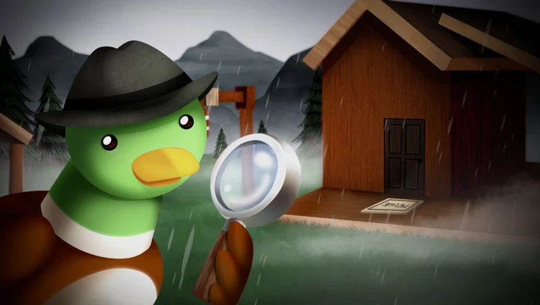 Detective Duck holding a magnifying glass outside a cabin at a rainy crime scene.