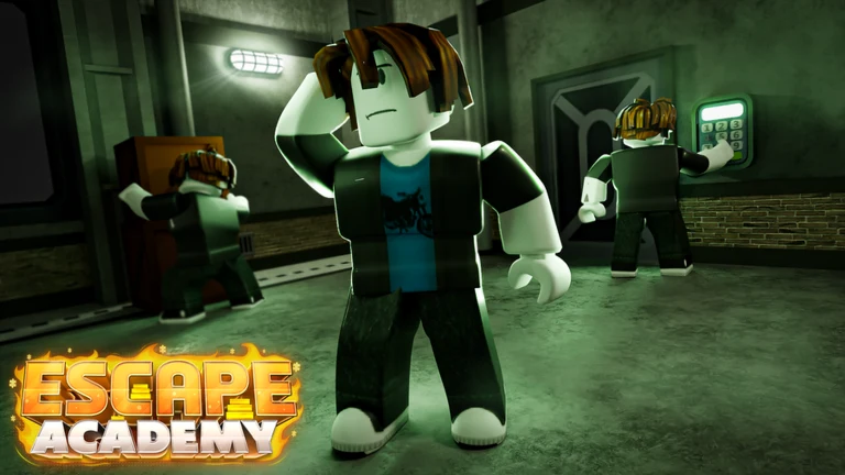 Promotional IQ Lab artwork showing Roblox players solving a keypad puzzle in a green laboratory.