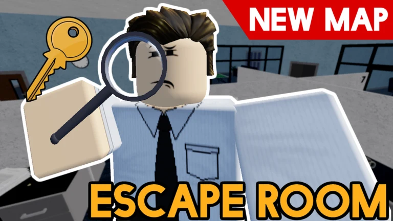 Promotional Project: Escape Room artwork showing a Roblox detective with a key and magnifying glass in an office.