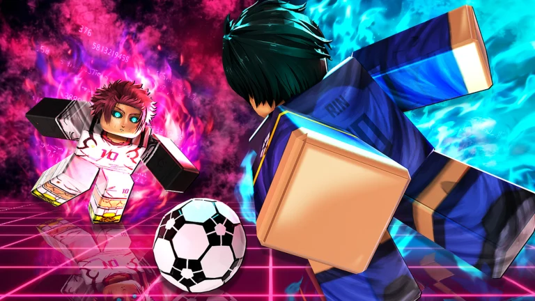 Two stylized Roblox football players facing off around the ball in Blue Lock: Rivals