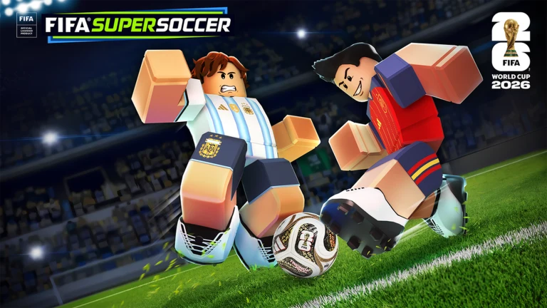 Two Roblox soccer players contesting the ball on a stadium pitch in FIFA Super Soccer