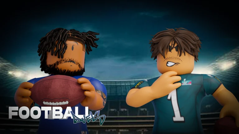 Two Football Duels avatars facing off with a football on a stadium field