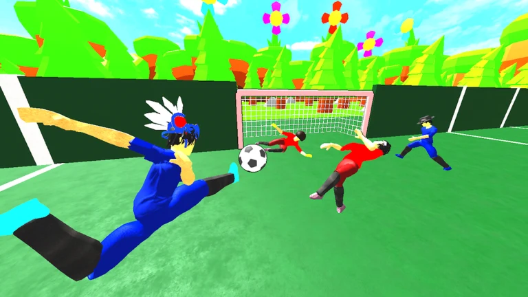 Realistic Street Soccer players and goalkeepers contesting the ball on a small pitch