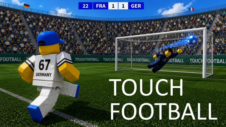 Soccer: Touch Football player and goalkeeper contesting a shot in a stadium