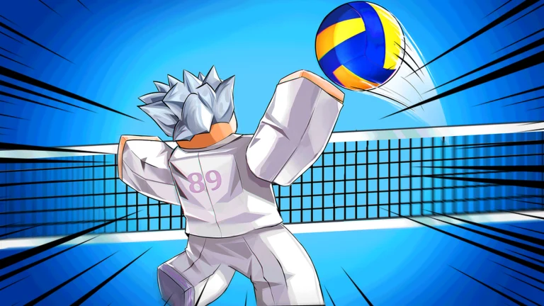 Roblox avatar reaching to block a volleyball at the net in Volleyball Legends